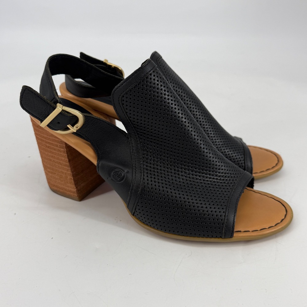 Born Black Leather Perforated Slingback Block Heel Sandals Women's 9M